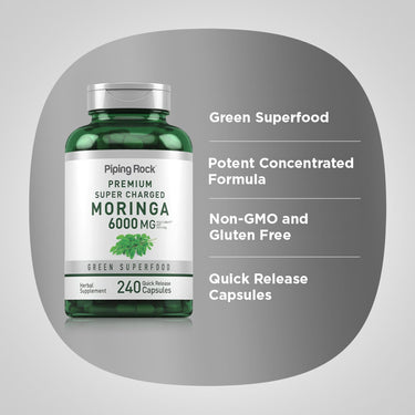 Moringa 6000 MG per serving, 240 Quick Release Capsules. Green Superfood Herbal Supplement for health.