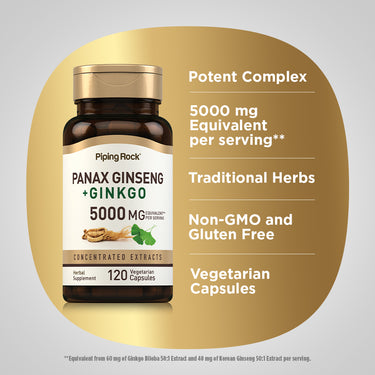 Panax Ginseng + Ginkgo, 5000 mg (per serving), 120 Vegetarian Capsules