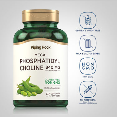 Phosphatidyl Choline bottle with icons indicating Gluten & Wheat Free, Milk & Lactose Free, Non GMO, No Artificial Additives.