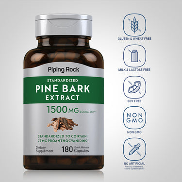 Pine Bark Extract bottle with icons indicating gluten, wheat, milk, lactose, soy free, non GMO, no artificial flavors, colors, preservatives.