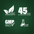 Infographic showing finest ingredients, 45 years of manufacturing, GMP quality product, lab tested assurance.