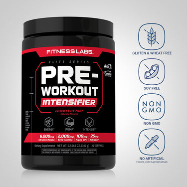 Pre-Workout bottle with icons indicating gluten & wheat free, soy free, non GMO, no artificial flavors/colors/preservatives.