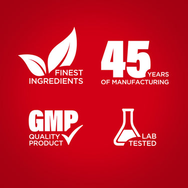 Infographic showing finest ingredients, 45 years of manufacturing excellence, GMP quality assurance, and lab-tested products.