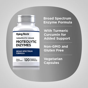 Product highlights graphic stating Broad Spectrum Enzyme Formula, With Turmeric Curcumin for Added Support, Non-GMO and Gluten Free, Vegetarian Capsules