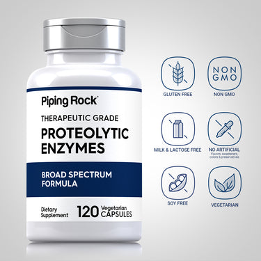 Proteolytic Enzymes bottle with icons indicating Gluten Free, Non GMO, Milk & Lactose Free, No Artificial Flavors, Soy Free, Vegetarian.