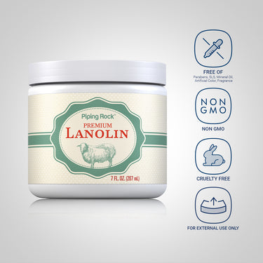 Lanolin bottle with icons indicating: Paraben Free, SLS Free, Mineral Oil Free, No Artificial Color/Fragrance, Non-GMO, Cruelty Free.