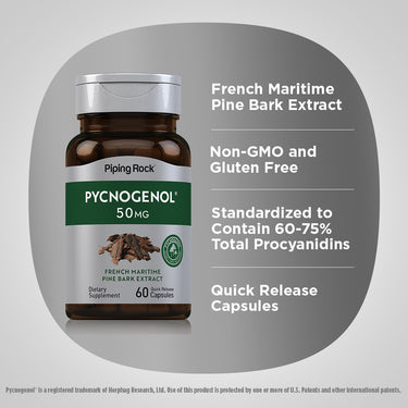 Product highlights graphic stating French Maritime Pine Bark Extract, Non-GMO and Gluten Free, Standardized to Contain 60-75% Total Procyanidins, Quick Release Capsules