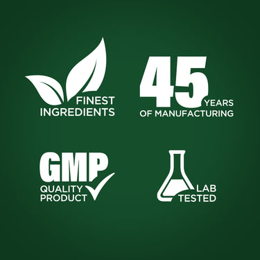 Infographic highlighting 45 years of manufacturing with finest ingredients, GMP quality, and lab-tested products.