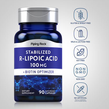R-Lipoic Acid bottle with icons indicating gluten-free, soy-free, non-GMO, and no artificial flavors, sweeteners, colors, or preservatives.