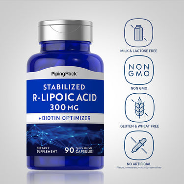 R-Lipoic Acid bottle with icons indicating Milk & Lactose Free, Non GMO, Gluten & Wheat Free, No Artificial additives.
