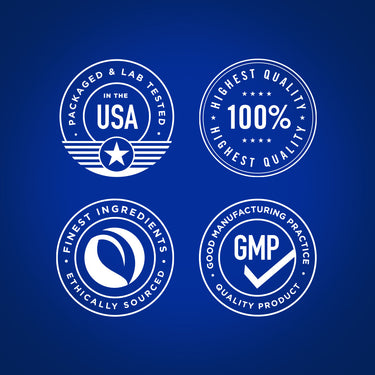 Infographic stating product is USA packaged, lab tested, 100% high quality, finest ingredients, ethically sourced, GMP certified.