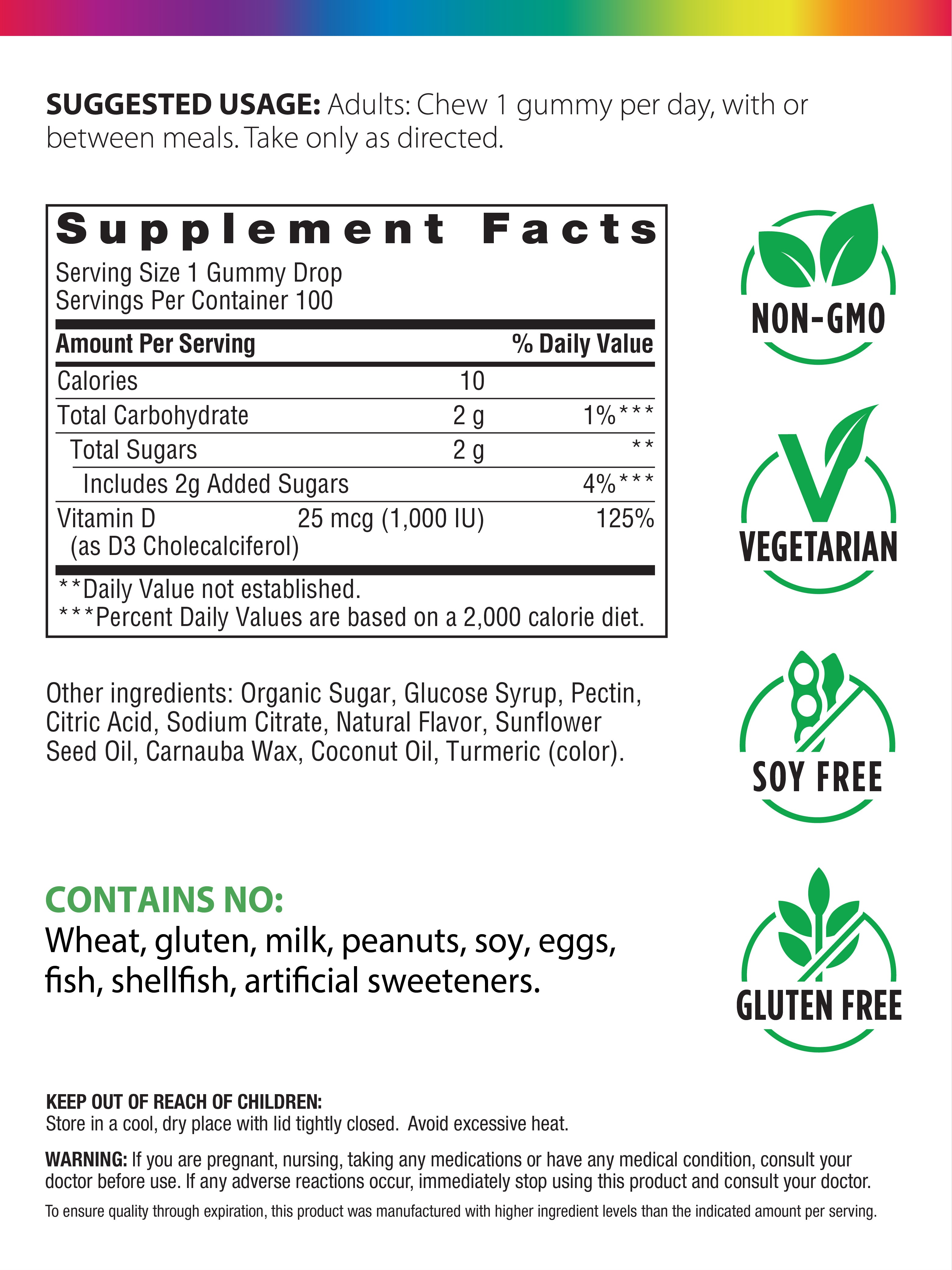 Sunny Gummies Vitamin D3 1,000 IU, 100 Vegetarian Gummies