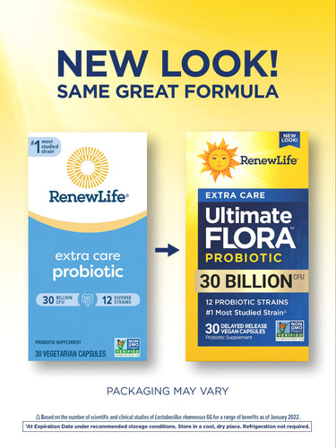 RenewLife Ultimate Flora Probiotic, 30 Billion CFU, 12 strains, 30 vegan capsules. New packaging displayed.