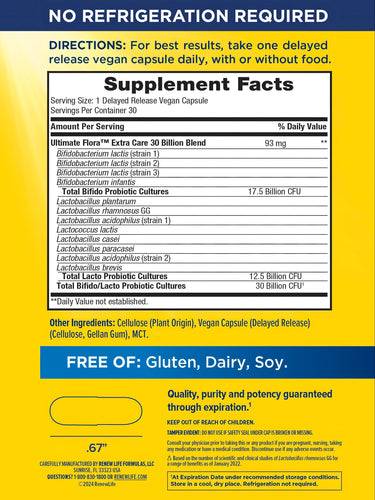 Supplement Facts for Ult Flora Extra Care 30 Billion 30 Veg Caps displayed.