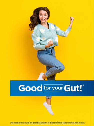 Young woman smiling and clenching fists. Blue banner with white text 'Good for your Gut!' on yellow background, for Ultra Flora Extra Care.