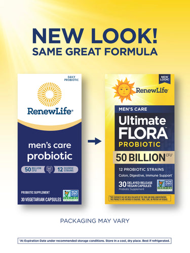 New Look, Same Great Formula. RenewLife Men's Care Probiotic, 50 Billion CFU, 30 Capsules. Shows both old and new packages.