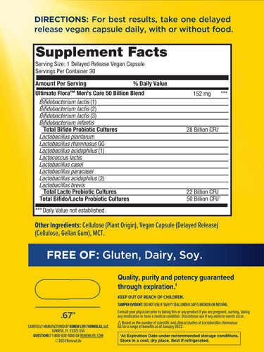 Supplement Facts panel for RN Mens Care probiotic, 50 billion CFU, 30 vegetable capsules.