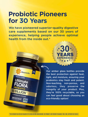 RenewLife MEN'S CARE Ultimate FLORA PROBIOTIC with 50 BILLION CFU in 30 DELAYED RELEASE VEGAN CAPSULES. Non-GMO Project Verified.