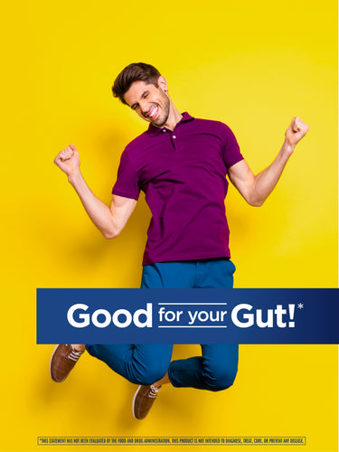 Young man jumping excitedly on a yellow background. Overlay text reads 'Good for your Gut!' with regulatory disclaimer.