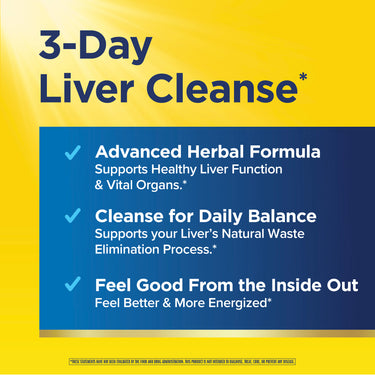 Product highlights graphic stating Advanced Herbal Formula supports liver/organs, Daily Balance Cleanse for waste elimination, Feel Good, more energized.
