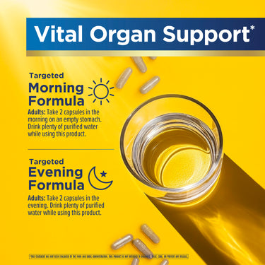 RN 3 Day Liver Cleanse graphic for Vital Organ Support. Morning: 2 capsules on empty stomach with water. Evening: 2 capsules with water.
