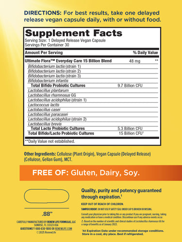 Ultimate Flora Everyday Care Probiotic 15 Billion, 30 Delayed Release Vegan Caps
