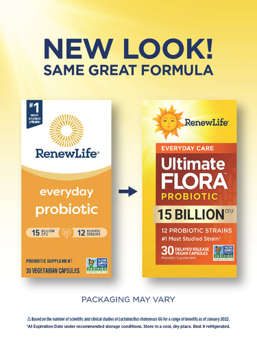 RenewLife Ultimate Flora Everyday Probiotic 15 Billion CFU, 30 Delayed Release Vegan Capsules, new and old packaging.