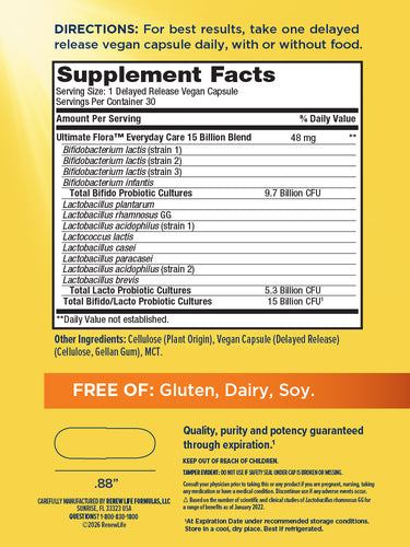 Ultimate Flora Everyday Care includes 15 billion blend, 30 delayed release vegan capsules.