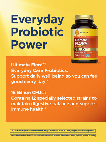 Ultimate FLORA Everyday Care Probiotic with 15 Billion CFU, including 30 vegan capsules designed for plant-based release.
