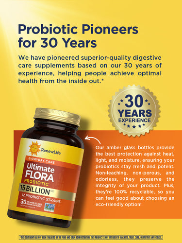 RenewLife Ultimate FLORA Probiotic with 15 Billion CFU, offering 30 vegan, delayed-release capsules.
