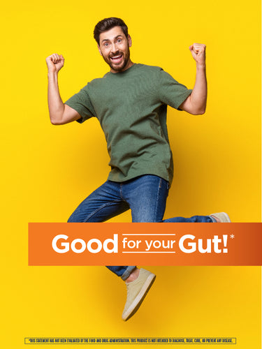 Man jumping excitedly against a yellow background. An orange banner says 'Good for your Gut!'. Disclaimer text below.