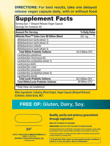 Ultimate Flora Colon Care Probiotic 80 Billion, 60 Delayed Release Vegan Caps