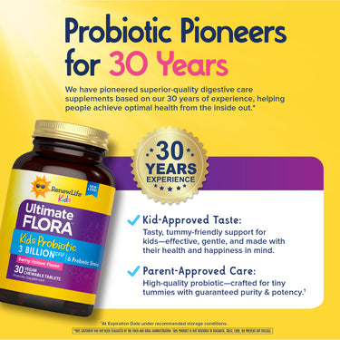 RenewLife Kids Ultimate FLORA Kids Probiotic offers 3 Billion CFU in Berry-licious flavor with 30 vegan chewable tablets.