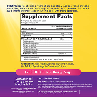 Supplement Facts for Ult Flora Kids 3B Chewable Tablets, 30 count.