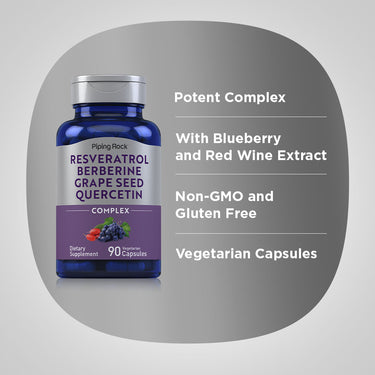 Product highlights graphic stating Potent Complex, With Blueberry and Red Wine Extract, Non-GMO, Gluten Free, Vegetarian Capsules.