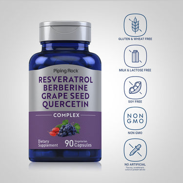 Resveratrol bottle with icons indicating Gluten & Wheat Free, Milk & Lactose Free, Soy Free, Non GMO, No Artificial Additives.