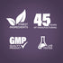 Infographic highlighting finest ingredients, 45 years of manufacturing, GMP quality product, and lab-tested assurance.