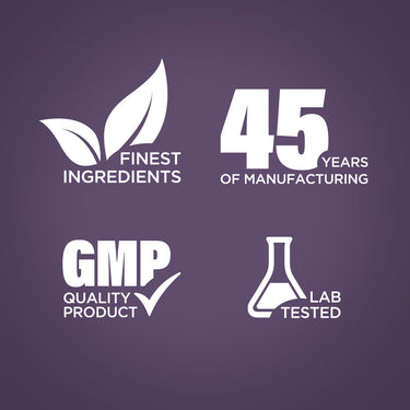 Infographic highlighting finest ingredients, 45 years of manufacturing, GMP quality product, and lab-tested assurance.