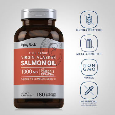 Salmon Oil 1000 mg Virgin Wild Alaskan Full Range, 180 Quick Release Softgels
