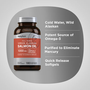 Salmon Oil 1000 mg Virgin Wild Alaskan Full Range, 180 Quick Release Softgels