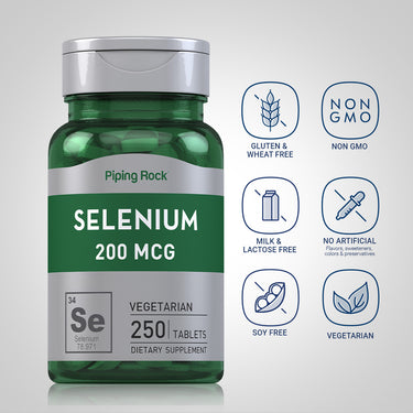 Selenium bottle with icons indicating Gluten & Wheat Free, Non GMO, Milk & Lactose Free, No Artificial Flavors, Soy Free, Vegetarian.