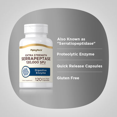 Product highlights graphic stating Also Known as 'Serratiopeptidase', Proteolytic Enzyme, Quick Release Capsules, Gluten Free.
