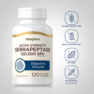 Serrapeptase bottle with icons indicating Gluten & Wheat Free, Milk & Lactose Free, Soy Free, No Artificial Flavors/Sweeteners/Colors/Preservatives.