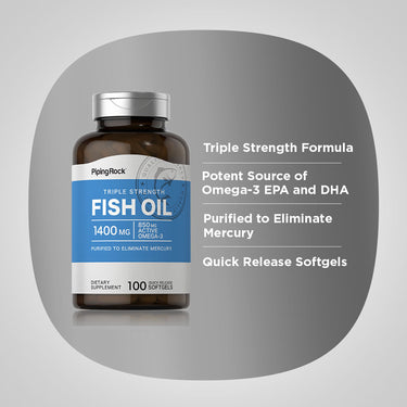 Product highlights graphic stating Triple Strength Formula, Potent Source of Omega-3 EPA and DHA, Purified to Eliminate Mercury, Quick Release Softgels