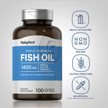 Fish Oil bottle with icons indicating Milk & Lactose Free, Non GMO, Gluten & Wheat Free, No Artificial Flavors, Sweeteners, Colors, Preservatives.