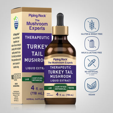 Turkey Tail Mushroom bottle with icons indicating gluten free, wheat free, lactose free, no artificial flavors, vegan.