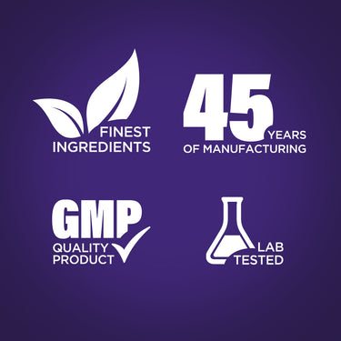 Infographic showing finest ingredients, 45 years of manufacturing, GMP quality products, and lab-tested assurance.