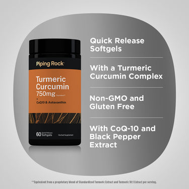 Product highlights graphic stating Quick Release Softgels, With a Turmeric Curcumin Complex, Non-GMO and Gluten Free, With CoQ-10 and Black Pepper Extract