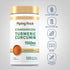 Turmeric bottle with icons indicating Gluten & Wheat Free, Milk & Lactose Free, Soy Free, Non GMO, No Artificial Flavors/Sweeteners/Colors.