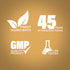 Infographic highlighting finest ingredients, 45 years of manufacturing, GMP quality, and lab-tested assurance.